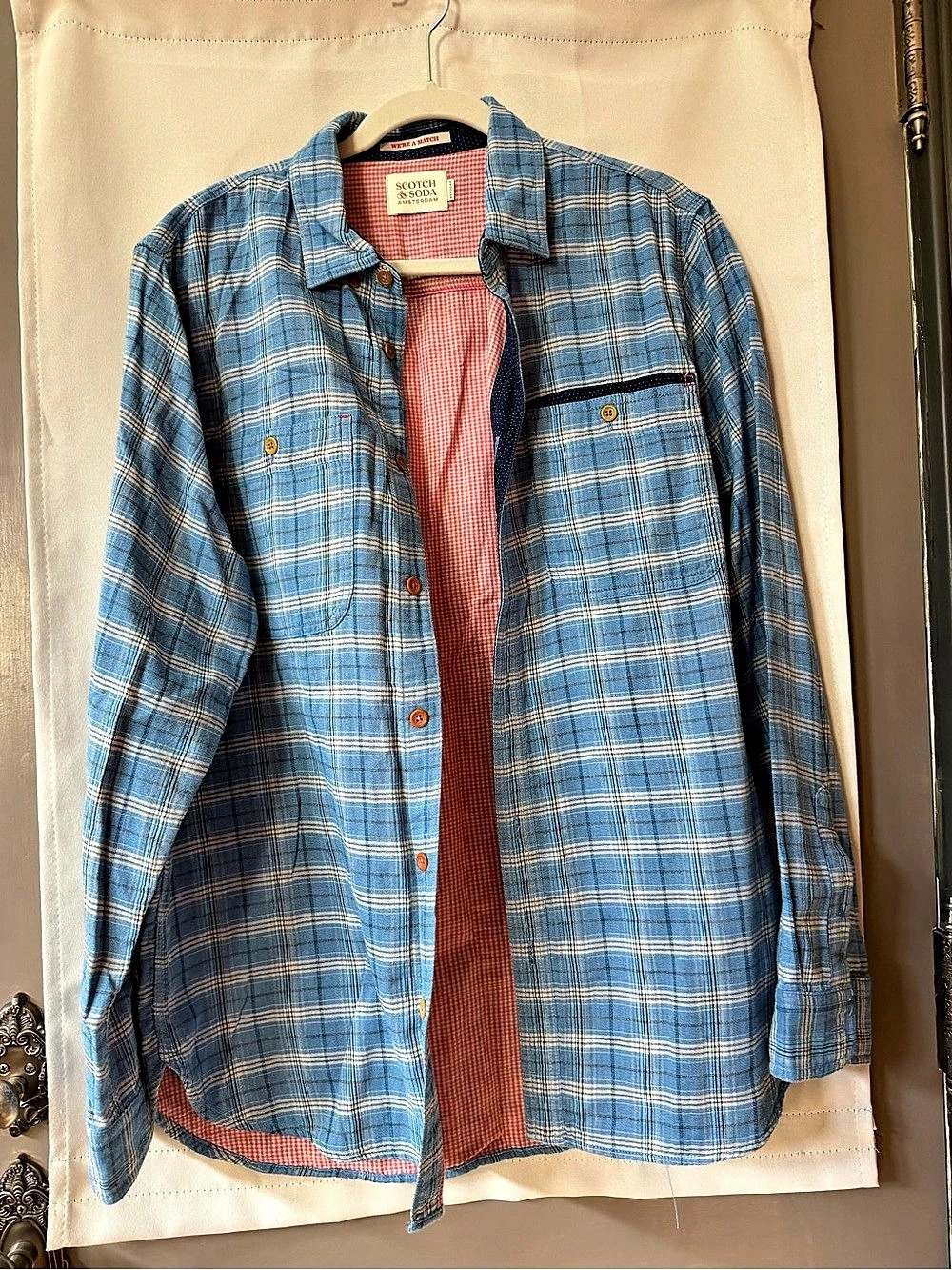 Scotch & Soda Men's Plaid Button Down in Blue & Red Like New